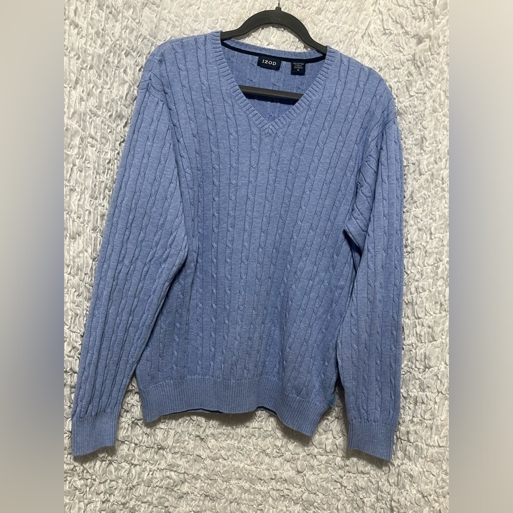IZOD MENS CABLE KNIT VNECK BABY BLUE VINTAGE SWEATER SIZE XL - Picture 6 of 7
